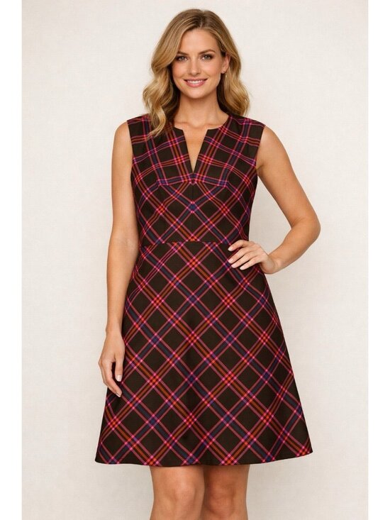 Trina Turk Dresses & Skirts - Trina Turk Delightful Dress A Line Plaid Dress Size 10 Brown Pink Wedding Guest